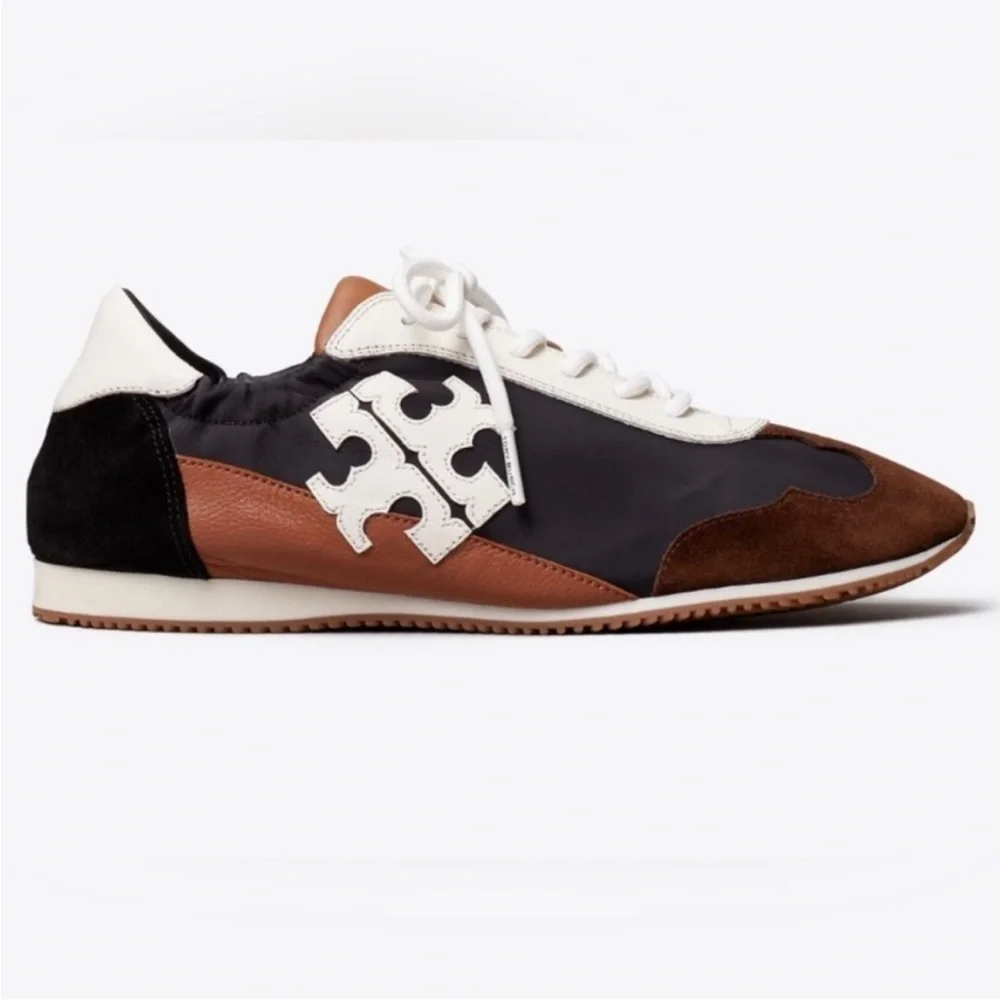 Tory Burch Destiny Trainer Nylon Leather Brown Black & White Sneaker, New - Picture 2 of 5